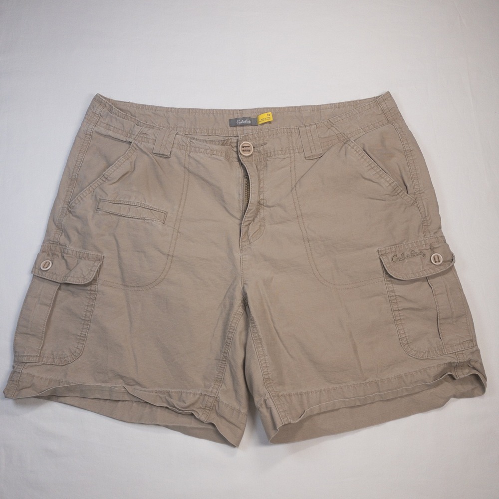 Cabelas Womens Tan Khaki Cargo Shorts Size 12 Outdoor Hiking Multi Pocket
